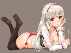 Rule 34 | 1girl, anna (sennen sensou aigis), ass, black thighhighs, black vest, blush, breasts, brown background, brown thighhighs, cleavage, closed mouth, collarbone, eyebrows, feet, feet up, fingernails, frilled sleeves, frills, from side, full body, hand on own cheek, hand on own face, head rest, heart, holding, lambda (kusowarota), large breasts, legs up, lips, long fingernails, long hair, long sleeves, looking at viewer, lying, no pants, no shoes, on stomach, open clothes, open vest, panties, pointer, red eyes, red panties, red ribbon, ribbon, sennen sensou aigis, shirt, side-tie panties, silver hair, simple background, smile, soles, solo, the pose, thighhighs, toes, underwear, very long hair, vest, white shirt