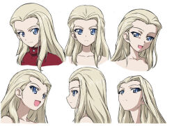 Rule 34 | 1girl, blonde hair, blue eyes, clara (girls und panzer), closed mouth, collarbone, concept art, from below, from side, girls und panzer, long hair, multiple views, neck, official art, open mouth, red shirt, shaded face, shirt, simple background, smile, white background