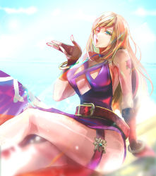 Rule 34 | 1girl, belt, blonde hair, blowing kiss, blue eyes, bracelet, breasts, cleavage, dress, fingerless gloves, gloves, gold bracelet, highres, jenet behrn, jewelry, large breasts, long hair, one eye closed, purple dress, snk, the king of fighters, the king of fighters xv, thigh strap, wink