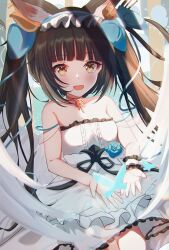 Rule 34 | 1girl, :d, alternate costume, animal ear fluff, animal ears, azur lane, bare shoulders, black hair, blue butterfly, blue flower, blue ribbon, blue rose, blunt bangs, blush, bow, breasts, bug, butterfly, collarbone, crown, dress, evening gown, flower, fox ears, fox girl, frilled dress, frilled hairband, frills, hair bow, hair ornament, hairband, headband, highres, insect, long hair, looking at viewer, mini crown, nagato (azur lane), nagato (guardian fox&#039;s procession) (azur lane), official alternate costume, open mouth, ribbon, rose, sidelocks, sitting, sleeveless, sleeveless dress, small breasts, smile, solo, strapless, strapless dress, twintails, umidemi, white dress, wrist cuffs, yellow eyes