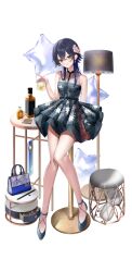 Rule 34 | 1girl, absurdres, alcohol, bag, balloon, bar stool, black hair, blue hair, clothes hanger, copyright name, crossed bangs, cup, drawer, dress, drinking glass, earrings, flower, glasses, gradient hair, grey dress, grey footwear, hair between eyes, hair flower, hair ornament, handbag, highres, holding, holding cup, horo 27, ice, ichinose uruha, jewelry, lampshade, logo, long hair, looking at viewer, lupinus virtual games, multicolored hair, pleated dress, scarf, simple background, sleeveless, sleeveless dress, smile, solo, star (symbol), star print, stool, streaked hair, stuffed toy, table, virtual youtuber, vspo!, whiskey, white background