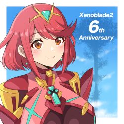 Rule 34 | 1girl, absurdres, anniversary, aqua gemstone, armor, bob cut, breasts, chest jewel, drop earrings, earrings, gem, highres, impossible clothes, jewelry, large breasts, pyra (xenoblade), red armor, red eyes, red hair, ryochan96154, short hair, shoulder armor, skindentation, solo, swept bangs, tiara, upper body, xenoblade chronicles (series), xenoblade chronicles 2