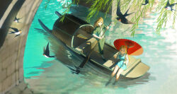 Rule 34 | 1boy, 1girl, absurdres, bai qi (artist), bird, blonde hair, blue dress, blue eyes, braid, chinese commentary, closed mouth, crown braid, day, dress, earrings, from below, full body, green eyes, green jacket, green pants, hat, hat on back, highres, holding, holding umbrella, jacket, jewelry, link, long hair, long sleeves, looking at viewer, medium hair, nintendo, oil-paper umbrella, outdoors, pants, parted bangs, partially submerged, princess zelda, river, rowboat, rowing, shirt, short dress, sleeves rolled up, smile, straw hat, swallow (bird), the legend of zelda, the legend of zelda: breath of the wild, two-tone dress, umbrella, under bridge, water, white dress, white shirt