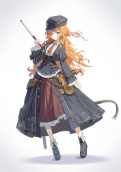 Rule 34 | 1girl, absurdres, black hat, braided sidelock, brown dress, calder (pixiv3698273), clothing request, commentary request, dress, frilled dress, frills, full body, hand up, hat, highres, holding, holding weapon, long dress, long hair, long sleeves, necktie, open mouth, orange hair, orange necktie, pinstripe pattern, reverse:1999, shirt, simple background, solo, sonetto (reverse:1999), standing, weapon, white background, white shirt