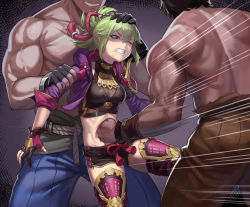 Rule 34 | 1girl, 2boys, black gloves, black shirt, black shorts, breasts, chinese commentary, clenched teeth, commentary request, crop top, drooling, fingerless gloves, genshin impact, gloves, green hair, head out of frame, highres, jacket, kuki shinobu, medium breasts, midriff, multiple boys, muscular, nail polish, one eye closed, open clothes, open jacket, ponytail, punching, purple eyes, purple jacket, purple nails, restrained, ryona, shirt, short hair, short shorts, short sleeves, shorts, stomach, stomach punch, teeth, thighhighs, topless male, v-shaped eyebrows, yan (situyan0303)