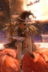 Rule 34 | 1girl, alternate hairstyle, blonde hair, bow, braid, broom, christmas, female focus, hat, head rest, highres, holding, holding broom, kirisame marisa, long hair, looking at viewer, mary janes, moon, night, reindeer, sack, santa claus, shoes, sitting, snow, snowing, solo, thighhighs, touhou, twin braids, white thighhighs, witch, witch hat, yellow eyes, zrero