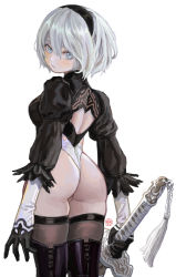 Rule 34 | 1girl, absurdres, ass, back cutout, black footwear, black gloves, black hairband, blue eyes, blush, brown thighhighs, closed mouth, clothing cutout, feather-trimmed sleeves, feather trim, gloves, grey hair, hairband, heattech leotard, highres, holding, holding sword, holding weapon, katana, looking at viewer, looking back, mole, mole under mouth, nier:automata, nier (series), puffy short sleeves, puffy sleeves, shiren (ourboy83), short sleeves, simple background, skindentation, solo, sword, tassel, thighhighs, turtleneck, weapon, white background, 2b (nier:automata)