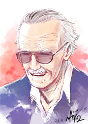 Rule 34 | 1boy, ak2, artist name, commentary, dated, facial hair, highres, male focus, marvel, mustache, short hair, smile, solo, stan lee, sunglasses, white hair