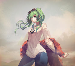 Rule 34 | 1girl, blue pants, breasts, chicken (dalg-idalg), closed mouth, cowboy shot, day, desert, dust cloud, earrings, eyewear on head, green eyes, green hair, green nails, hair over shoulder, hatsune miku, highres, jacket, jewelry, long hair, long sleeves, looking at viewer, medium breasts, nail polish, off shoulder, open clothes, open jacket, outdoors, pants, print shirt, red jacket, sand, shirt, sky, solo, suna no wakusei (vocaloid), sunglasses, twintails, vocaloid, wind