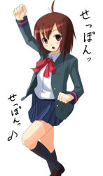 Rule 34 | 1girl, arm up, black socks, blazer, blue skirt, bow, bowtie, brown eyes, brown hair, jacket, kneehighs, leg up, loafers, long sleeves, looking at viewer, miniskirt, musical note, open clothes, open jacket, original, patorishia, patricia (stylish marunage), quaver, red bow, red bowtie, school uniform, shirt, shoes, skirt, socks, solo, standing, standing on one leg, white shirt