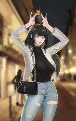 Rule 34 | 1girl, absurdres, alcohol, architect (girls&#039; frontline), bag, black bag, black hair, black shirt, bottle, bottle on head, breasts, casual, commentary request, denim, feet out of frame, gcg, girls&#039; frontline, hair ornament, hairclip, high-waist pants, highres, holding, holding bag, holding bottle, jack daniel&#039;s, jacket, jeans, lips, long hair, looking at viewer, medium breasts, open clothes, open jacket, open mouth, pants, pink eyes, road, sangvis ferri, scenery, shirt, smile, solo, standing, street, teeth, turtleneck, whiskey, white jacket