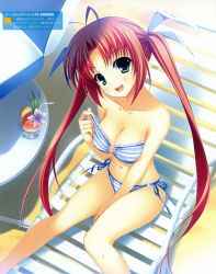 Rule 34 | 1girl, adjusting bra, adjusting clothes, ahoge, antenna hair, aqua eyes, bandeau, beach, bikini, bikini pull, bra, breasts, chair, cleavage, clothes pull, covered erect nipples, day, drink, drinking straw, flower, from above, hair ribbon, head tilt, highres, large breasts, long hair, looking at viewer, looking up, lounge chair, navel, o-ring, o-ring bottom, o-ring top, open mouth, original, parasol, red hair, ribbon, side-tie bikini bottom, smile, solo, strapless, strapless bikini, striped bikini, striped clothes, swimsuit, twintails, umbrella, underwear, yuuki hagure