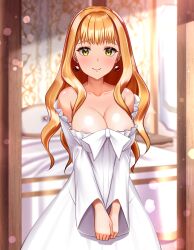Rule 34 | 1girl, absurdres, black clover, breasts, brown hair, cleavage, closed mouth, dress, earrings, green eyes, highres, indoors, itacho (itasha draws), jewelry, large breasts, light particles, long hair, looking at viewer, mimosa vermillion, smile, solo, v arms, white dress