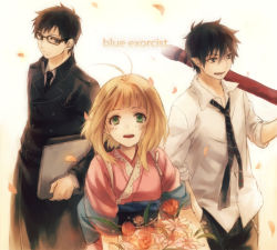 Rule 34 | 1girl, 2boys, antenna hair, ao no exorcist, bad id, bad pixiv id, black hair, blonde hair, blush, brothers, coat, flower, glasses, green eyes, japanese clothes, jewelry, kimono, looking at viewer, mg (mica), moriyama shiemi, multiple boys, necklace, necktie, okumura rin, okumura yukio, open mouth, petals, pointy ears, short hair, siblings, striped necktie, striped neckwear, sword case, trench coat, weapon bag