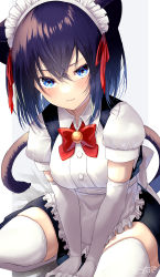Rule 34 | 1girl, animal ears, apron, bell, between legs, black hair, black skirt, blue eyes, bow, cat ears, cat girl, cat tail, chita (ketchup), collared shirt, commentary request, dress shirt, elbow gloves, frilled apron, frills, gloves, hair between eyes, hand between legs, highres, jingle bell, long hair, looking at viewer, maid headdress, original, puffy short sleeves, puffy sleeves, red bow, shirt, short sleeves, signature, skirt, solo, tail, thighhighs, waist apron, white apron, white gloves, white shirt, white thighhighs