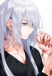 Rule 34 | 1boy, androgynous, black shirt, blood, blouse, blue eyes, closed mouth, cross, cross earrings, earrings, eyelashes, fingernails, from side, grey hair, hands up, highres, holding own wrist, jewelry, long hair, looking at hand, looking away, male focus, multicolored eyes, multiple earrings, original, portrait, scar, scar on arm, scar on chest, scar on hand, scar on neck, shirt, simple background, solo, v-neck, waka (shark waka), white background, yellow eyes