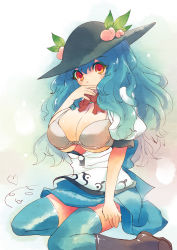 Rule 34 | 1girl, alternate breast size, blue hair, blue thighhighs, bra, breasts, cleavage, female focus, food, fruit, hat, hinanawi tenshi, huge breasts, lingerie, long hair, open clothes, peach, red eyes, sitting, solo, thighhighs, touhou, tsuutenkaaku, underwear