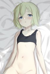 Rule 34 | 1girl, absurdres, black bra, blonde hair, blue eyes, blush, bottomless, bra, breasts, collarbone, erica hartmann, fankupl, groin, highres, looking at viewer, lying, navel, no panties, on back, open mouth, short hair, small breasts, solo, strike witches, underwear, upper body, world witches series