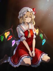 Rule 34 | 1girl, ascot, ayura8901, blonde hair, crystal, flandre scarlet, full body, hat, highres, knees, mob cap, puffy sleeves, red eyes, red vest, ribbon, shoes, short sleeves, sitting, skirt, solo, touhou, vest, wariza, white hat, wings, yellow ascot