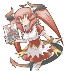 Rule 34 | 1girl, absurdres, alternate costume, alternate hairstyle, blush, bracelet, breasts, demon girl, demon horns, demon tail, hair ornament, highres, horns, jewelry, long hair, manga (object), maou beluzel, matsuda yuusuke, original, red eyes, red hair, sidelocks, smile, solo, tail, thighhighs, twintails, waitress, white thighhighs, yuusha to maou