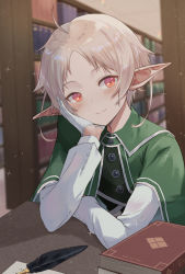 Rule 34 | 1girl, ahoge, blush, book, bookshelf, buttons, capelet, elf, forehead, gloves, green capelet, head on arm, indoors, looking at viewer, mushoku tensei, nakami chihiro, pointy ears, red eyes, shirt, short hair, smile, solo, sylphiette (mushoku tensei), upper body, white gloves, white hair, white shirt