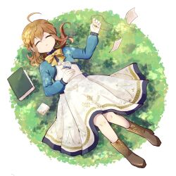 Rule 34 | 1girl, ahoge, blue capelet, bow, bowtie, brown footwear, brown hair, capelet, closed eyes, dress, flower, full body, gloves, hair between eyes, hand on own stomach, handkerchief, highres, holding, holding flower, holding jewelry, holding necklace, jewelry, knees together feet apart, lou pender, lying, medium hair, monica everett, necklace, on back, on grass, open mouth, paper, silent witch, sleeping, solo, white dress, white flower, white gloves, yellow bow, yellow bowtie