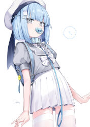 Rule 34 | 1girl, absurdres, backpack, bag, blue bag, blue collar, blue hair, bow, bowtie, collar, commentary, cowboy shot, crime prevention buzzer, flat chest, grey eyes, grey sailor collar, hair ornament, hairclip, highres, koyubita, leash, light blue hair, looking at viewer, original, pacifier, panties, panty peek, pleated skirt, puffy short sleeves, puffy sleeves, randoseru, ribbed hat, sailor collar, shirt, short hair, short sleeves, side ahoge, sidelocks, signature, skirt, solo, speech bubble, symbol-only commentary, thighhighs, thighs, underwear, white background, white bow, white bowtie, white headwear, white panties, white shirt, white skirt, white thighhighs, zettai ryouiki