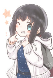 Rule 34 | 1girl, akapocho, artist name, backpack, bag, black hair, blue dress, blue eyes, commentary request, cowboy shot, dated, dress, fubuki (kancolle), grin, highres, hood, hooded jacket, hoodie, index finger raised, jacket, kantai collection, long hair, looking at viewer, low ponytail, one eye closed, polka dot, polka dot dress, ponytail, short ponytail, sidelocks, simple background, smile, solo, white background, white jacket