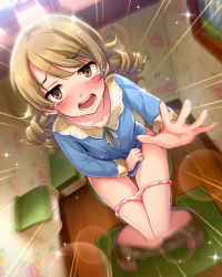 Rule 34 | 1girl, @ @, blush, brown eyes, brown hair, collarbone, drill hair, dutch angle, earrings, embarrassed, emphasis lines, female focus, floral print, idolmaster, idolmaster cinderella girls, indoors, ishihara (kuniyoshi), jewelry, long sleeves, looking at viewer, looking up, morikubo nono, open mouth, panties, panty pull, plant, pot, sitting, solo, sparkle, tears, toilet use, twin drills, underwear