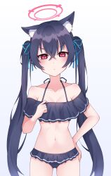 Rule 34 | 1girl, animal ears, bikini, black bikini, black hair, blue archive, blush, cat ears, collarbone, commentary request, frilled bikini, frills, highres, korean commentary, long hair, navel, official alternate costume, red eyes, serika (blue archive), serika (swimsuit) (blue archive), simple background, solo, swimsuit, twintails, upper body, white background, yamggu