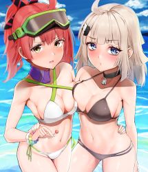 Rule 34 | 2girls, aa-12 (girls&#039; frontline), aa-12 (the sun never rises) (girls&#039; frontline), ahoge, alternate costume, arm at side, bead bracelet, beads, bikini, black bikini, blue eyes, blue sky, bracelet, breast press, breasts, brown eyes, candy, choker, cleavage, cloud, commentary request, commission, day, dyne gallon, food, food in mouth, girls&#039; frontline, hair ornament, hair ribbon, halterneck, hand on another&#039;s waist, highres, horizon, jewelry, light brown hair, lollipop, mp7 (girls&#039; frontline), mp7 (lollipop ammo) (girls&#039; frontline), multiple girls, navel, ocean, open mouth, outdoors, ponytail, red hair, ribbon, side-tie bikini bottom, skeb commission, sky, standing, stomach, swimsuit, symmetrical docking, white bikini