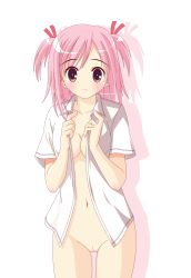 Rule 34 | 1girl, absurdres, blush, bottomless, breasts, cleavage, female focus, highres, mahou sensei negima!, no bra, no panties, open clothes, open shirt, pussy, sasaki makie, shirt, simple background, solo, uncensored, vector trace, white background