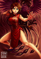 Rule 34 | 1girl, bird, borrowed character, braid, breasts, brown hair, china dress, chinese clothes, clenched hand, dress, earrings, eyebrows, flats, full body, green eyes, highres, jewelry, lipstick, long hair, makeup, making-of available, original, phoenix, red dress, ryu shou, side slit, single braid, sleeveless, sleeveless dress, solo, very long hair, voltsurge (s3rb4n)