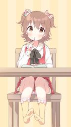 Rule 34 | 10s, 1girl, :o, akagi miria, black bow, black ribbon, blush, book, bow, brown eyes, brown hair, chair, commentary request, dress, feet, food-themed hair ornament, hair bow, hair ornament, idolmaster, idolmaster cinderella girls, jpeg artifacts, legs, no shoes, open book, panties, pencil, pink panties, red dress, ribbon, sitting, soles, solo, striped, striped background, striped bow, table, two side up, underwear, vertical stripes, yazawa oke, yellow background, yellow bow, yellow legwear