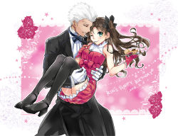Rule 34 | 1boy, 1girl, archer (fate), black thighhighs, brown hair, carrying, cross, cross necklace, dark-skinned male, dark skin, dress, fate/stay night, fate (series), food, formal, gloves, green eyes, hair ribbon, highres, hosiko01, jewelry, necklace, one eye closed, princess carry, ribbon, suit, thighhighs, tohsaka rin, two side up, white hair