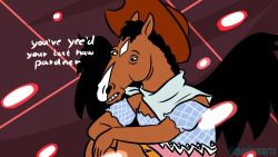 Rule 34 | animal ears, bandana, bare shoulders, black hair, black wings, bojack horseman, bojack horseman (series), brown hair, commentary, cosplay, cowboy hat, danmaku, english commentary, english text, hat, horse, horse girl, kurokoma saki, kurokoma saki (cosplay), meme, pink skirt, puffy sleeves, quarium, shirt, short hair, short sleeves, skirt, standing, touhou, twitter username, wily beast and weakest creature, wings, you&#039;ve yeed your last haw (meme)