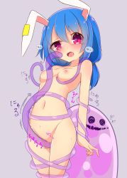 Rule 34 | 1girl, animal ears, blue hair, blush, breasts, gluteal fold, grey background, hair between eyes, heart, highres, inon, long hair, navel, nipples, nude, open mouth, pink eyes, rabbit ears, seiran (touhou), simple background, small breasts, solo, sweat, tears, tentacles, thigh gap, touhou, transparent, twintails