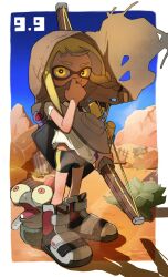 Rule 34 | 1girl, agent 3 (splatoon 3), asymmetrical hair, bike shorts, black shorts, blonde hair, boots, border, bow (weapon), braid, brown cape, cape, closed mouth, commentary request, desert, eyebrow cut, floating cape, floating hair, full body, grey footwear, highres, holding, holding bow (weapon), holding weapon, hood, hooded cape, ink tank (splatoon), inkling, inkling girl, inkling player character, long hair, looking at viewer, midriff peek, nintendo, outdoors, shirt, shorts, single braid, smallfry (splatoon), smile, solo, splatoon (series), splatoon 3, suction cups, tentacle hair, torn cape, torn clothes, torn shirt, tri-stringer (splatoon), weapon, white border, white shirt, yattpki3wfyvsm5, yellow eyes