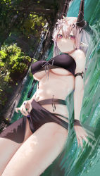 Rule 34 | 1girl, arknights, arm strap, bare shoulders, bikini, black bikini, blush, breasts, closed mouth, dutch angle, fingernails, flower, hair between eyes, hair flower, hair ornament, highres, horns, infection monitor (arknights), large breasts, lifting own clothes, long fingernails, long hair, looking at viewer, lying, material growth, mudrock (arknights), nail polish, navel, on back, oripathy lesion (arknights), pointy ears, purple nails, red eyes, ru zhai, solo, swimsuit, thighs, underboob, water, wet, white flower, white hair, yellow flower