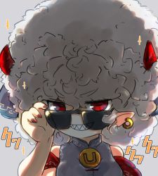 Rule 34 | 1girl, afro, alternate hairstyle, big hair, commission, curled horns, grey background, horns, looking at viewer, nail polish, pointy ears, red eyes, red horns, red nails, sharp teeth, simple background, skeb commission, solo, sunglasses, teeth, touhou, toutetsu yuuma, uisu (noguchipint), upper body