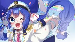 Rule 34 | 1girl, asteroid stella, band uniform, blue eyes, blue hair, blue hat, bow, braid, coat, commentary, epaulettes, falling, fang, gloves, hair bow, hat, highres, holding, holding whistle, large hat, long hair, looking at viewer, musical note, musical note print, necktie, one eye closed, open mouth, otomachi una, rainbow, skin fang, smile, solo, thighhighs, treble clef, twin braids, very long hair, vocaloid, whistle, whistle around neck, white coat, white gloves, white thighhighs