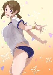 Rule 34 | 1girl, absurdres, ass, blue shorts, blush, bra visible through clothes, brown hair, from side, gradient background, highres, mahouka koukou no rettousei, micro shorts, mitsui honoka, open mouth, orange background, purple eyes, see-through, shirt, short sleeves, shorts, smile, solo, twintails, white shirt, yone-chan (kuwm5222)