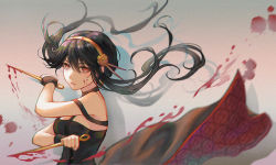 Rule 34 | 1girl, artificial flower, black choker, black dress, black hair, blood, blood on face, blood splatter, bloody weapon, breasts, choker, cleavage, dagger, dress, dual wielding, flower, gradient background, grey background, hair flower, hair ornament, hairband, holding, holding weapon, knife, looking at viewer, medium breasts, parted lips, pink background, red eyes, short hair with long locks, sidelocks, sleeveless, sleeveless dress, solo, spy x family, stiletto (weapon), upper body, weapon, yellow flower, yellow hairband, yor briar, zel (o q)