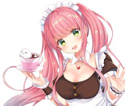 Rule 34 | 1girl, apron, blush, breasts, cleavage, cup, floating hair, frilled apron, frills, gomano rio, green eyes, hair between eyes, head tilt, heart, heart necklace, holding, holding cup, holding saucer, jewelry, long hair, looking at viewer, maid, maid apron, maid headdress, medium breasts, multicolored eyes, necklace, open mouth, original, pink hair, ponytail, saucer, simple background, smile, solo, teacup, upper body, very long hair, white background