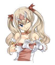 Rule 34 | 1girl, bare shoulders, blonde hair, blue eyes, breasts, cleavage, eden&#039;s zero, gloves, highres, large breasts, long hair, magical girl, mashima hiro, official art, one eye closed, rebecca bluegarden, simple background, smile, solo, twintails, white background