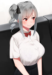 Rule 34 | 1girl, absurdres, alternate breast size, black skirt, blush, bow, bowtie, bra visible through clothes, breasts, buttons, collared shirt, commentary request, couch, drill hair, grey hair, highres, idolmaster, idolmaster cinderella girls, kanzaki ranko, large breasts, looking to the side, own hands together, pleated skirt, red bow, red bowtie, red eyes, see-through, senju (snz0), shirt, shirt tucked in, short sleeves, sitting, skirt, smile, solo, twin drills, twintails, upper body, white shirt