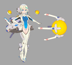 Rule 34 | 1girl, armor, r-9a arrowhead, bit (r-type), blonde hair, blue eyes, blue hair, bodysuit, boots, breasts, closed mouth, commentary request, covered navel, enkyo yuuichirou, floating, floating object, force (r-type), full body, grey background, hair between eyes, hand on own hip, high heel boots, high heels, highres, looking at viewer, mecha musume, medium breasts, medium hair, multicolored hair, personification, r-9a arrowhead, r-type, rigging, simple background, solo, standing, streaked hair, two-tone hair, white bodysuit