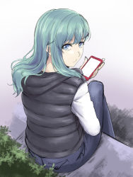 Rule 34 | 1girl, alternate costume, blue pants, cellphone, commentary request, green eyes, green hair, holding, holding phone, ishii hisao, kantai collection, long hair, long sleeves, pants, phone, sitting, smartphone, solo, suzuya (kancolle)