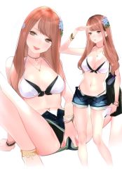 Rule 34 | 1girl, :p, absurdres, ama mitsuki, anklet, bag, bare legs, bikini, bracelet, breasts, bridal gauntlets, brown eyes, brown hair, cellphone, choker, cleavage, clothing aside, denim, denim shorts, flower, front-tie bikini top, front-tie top, hair flower, hair ornament, highres, jewelry, long hair, medium breasts, multiple views, navel piercing, necklace, non-web source, open fly, open pants, original, pants, partially visible vulva, phone, piercing, scan, short shorts, shorts, shorts aside, shoulder bag, sidelocks, simple background, single bridal gauntlet, sitting, smartphone, swimsuit, tongue, tongue out, two-tone bikini, white background, white bridal gauntlets