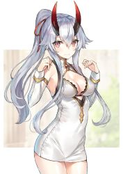 Rule 34 | 1girl, bare shoulders, blush, breasts, china dress, chinese clothes, cleavage, cleavage cutout, closed mouth, clothing cutout, detached sleeves, dress, ero waifu, fate/grand order, fate (series), hair between eyes, hair ribbon, heroic spirit traveling outfit, horns, large breasts, long hair, looking at viewer, oni horns, ponytail, red eyes, red horns, red ribbon, ribbon, short dress, sidelocks, silver hair, sleeveless, sleeveless dress, solo, thighs, tomoe gozen (fate), tomoe gozen (traveling outfit) (fate), white dress